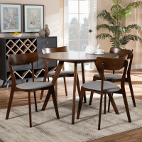 Baxton Studio Iora/Hexa-Smoke/Walnut-5PC Dining Set Rika Mid-Century Modern Transitional Light Grey Fabric Upholstered and Walnut Brown Finished Wood 5-Piece Dining Set